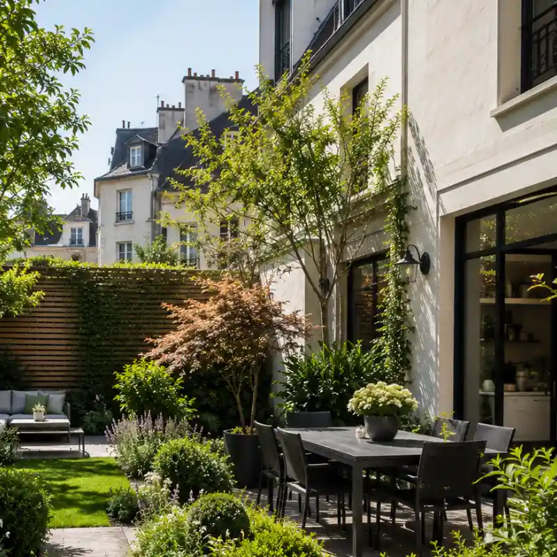 Jardin de ville aménagé par un paysagiste à Bourg-la-Reine avec massifs structurés et terrasse résidentielle