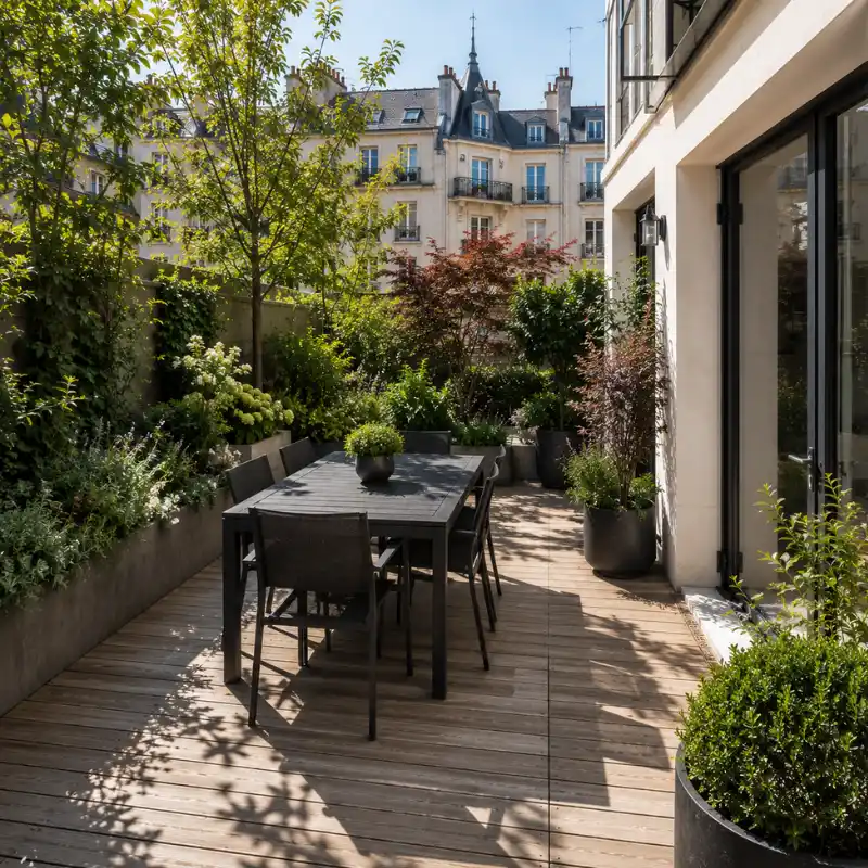 Terrasse en bois dans un jardin résidentiel à Bourg-la-Reine réalisée par une entreprise paysagiste