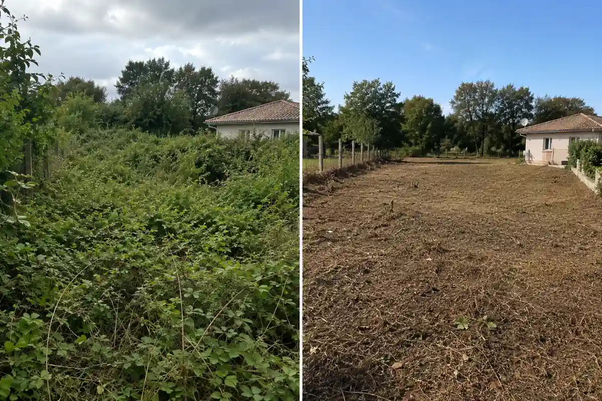 Avant et après le débroussaillage d'une parcelle en friche