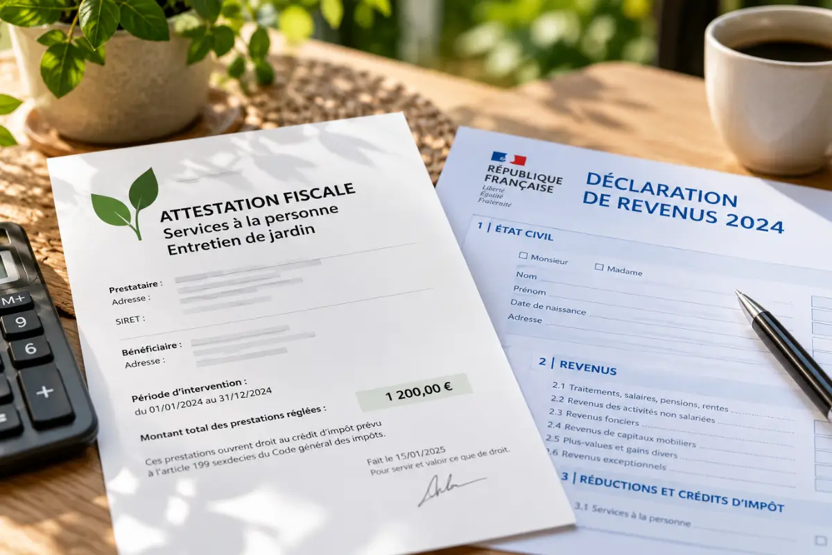 Attestation fiscale de jardinage posée à côté d'une déclaration de revenus