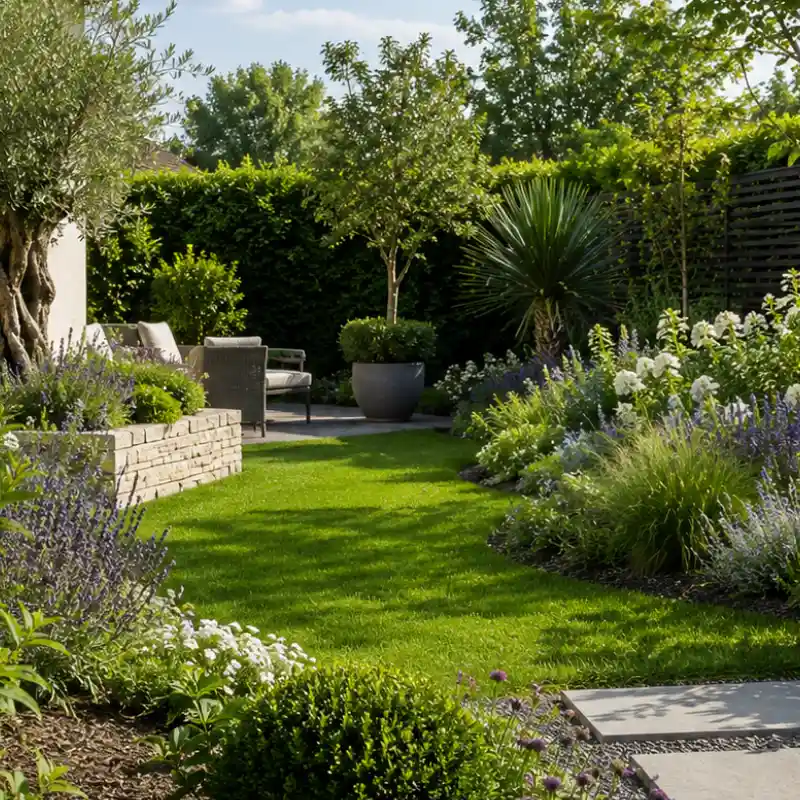 Pelouse de pavillon tondue avec allée et bordures nettes