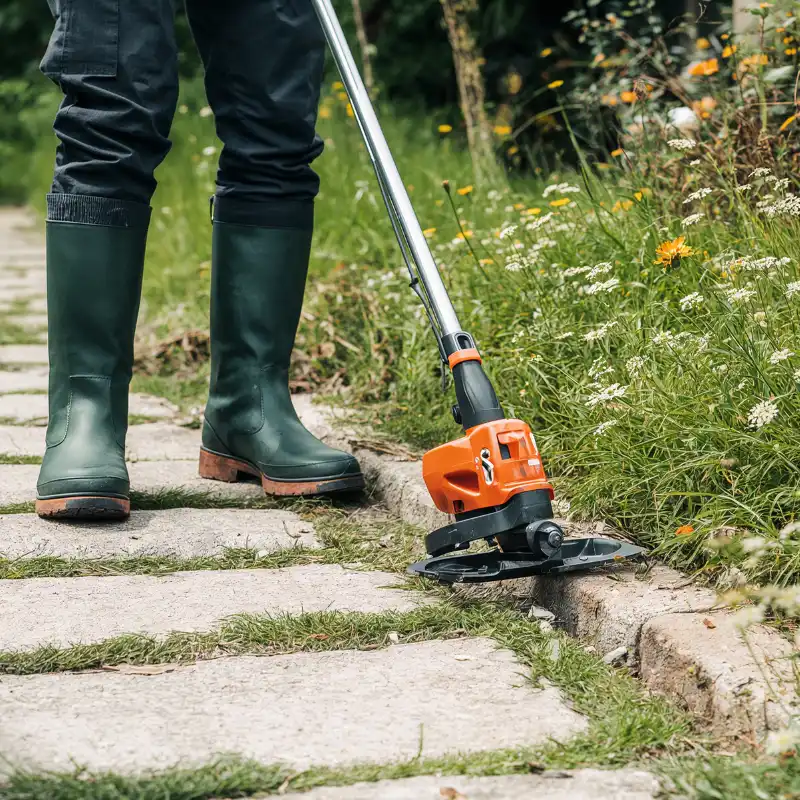 Finition au coupe-bordure le long d'une allée de jardin