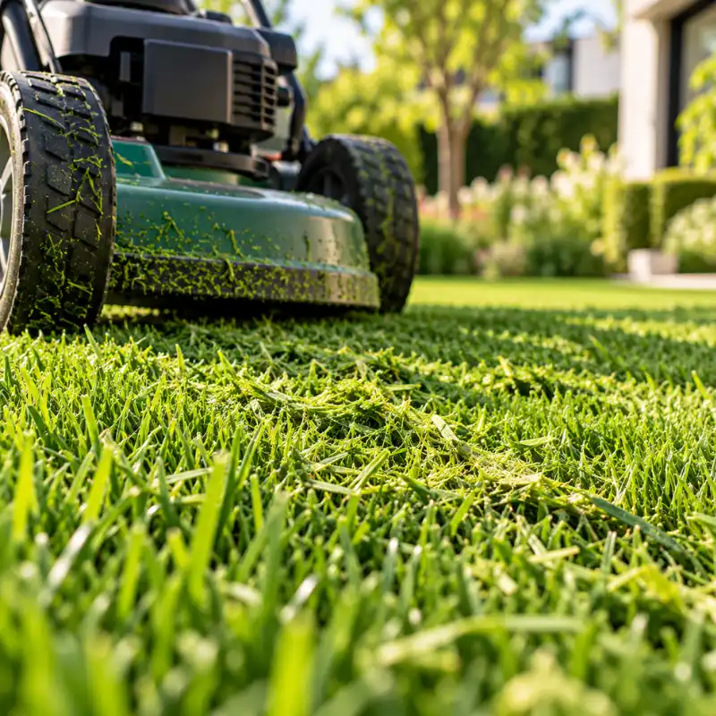 Tondeuse en mode mulching sur une pelouse au printemps